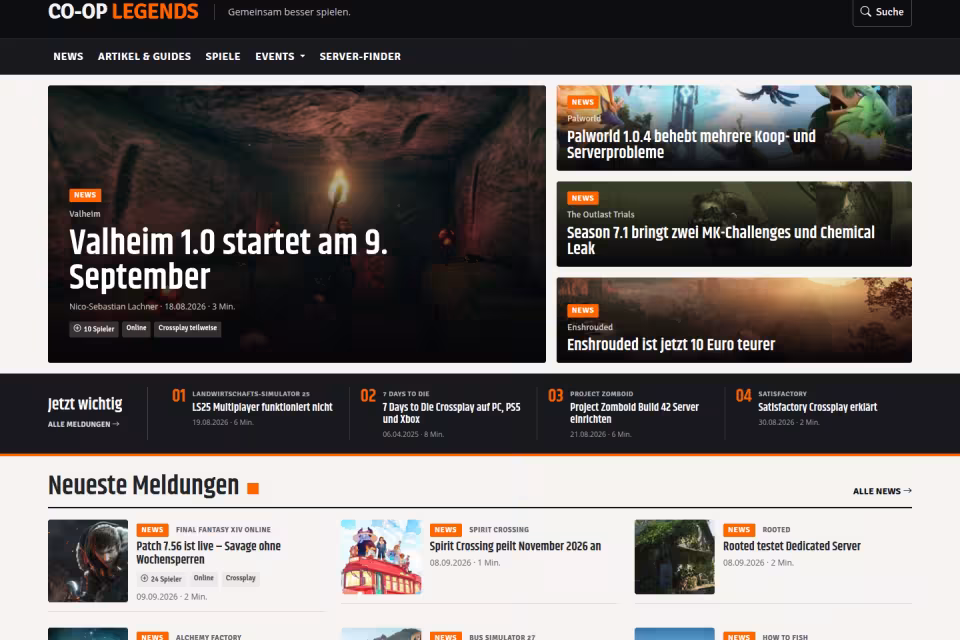 Startseite des Gaming-Magazins Coop Legends