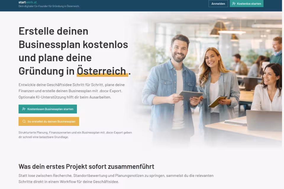 Aktuelle Startseite von startwerk.at für Businessplanung und Gründung in Österreich